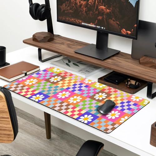 Pink Desk Mat Trendy Checkered Aesthetic Desk Pad Computer Large Mouse Pad Aesthetic Desk Accessories Office Gifts for Her Cute Keyboard and Mouse Pad Desk Computer Mat 31.5 X 11.8 in - color: D-pink Grid