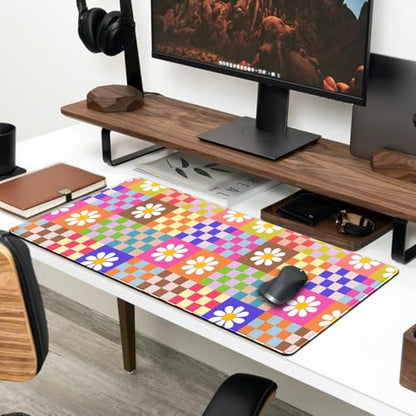 Pink Desk Mat Trendy Checkered Aesthetic Desk Pad Computer Large Mouse Pad Aesthetic Desk Accessories Office Gifts for Her Cute Keyboard and Mouse Pad Desk Computer Mat 31.5 X 11.8 in - color: D-pink Grid
