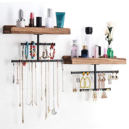 Keebofly Hanging Wall Mounted Jewelry Organizer with Rustic Wood Jewelry Holder Display for Necklaces Bracelet Earrings Ring Set of 2 Carbonized Black,[Patented] - color: Carbonized Black