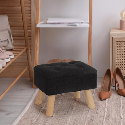 OGEMXU Storage Ottoman, Small Foot Stool Ottoman with Storage, Boucle Teddy Velvet Foot Rest with Padded Seat, Sturdy Wood Legs Stool for Living Room, Bedroom, Couch, Enterway (Black) - color: Black