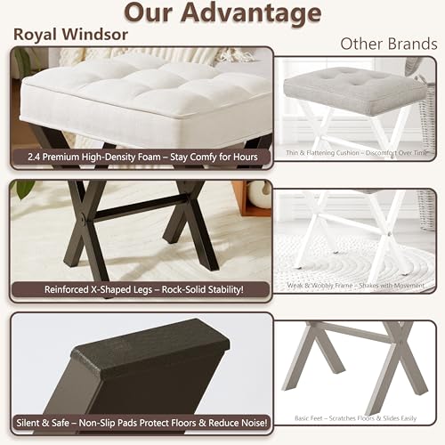 Royal Windsor Vanity Stool,Square Ottoman Stool Foot Rest,Upholstered Vanity Chair Foot Stool with Metal X Legs, Small Vanity Seat for Entryway,Bedroom and Living Room,Linen White - color: 12.6"d White+black