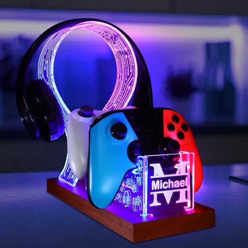 YuanDian Gamer Gifts for Teenage Boy, Desk Gaming Headset and Controller Stand with Blue Pink LED Night Light, Acrylic Wooden Controller Holder with PCB Pattern, Desk Decor Gift (Customized) - color: text customize