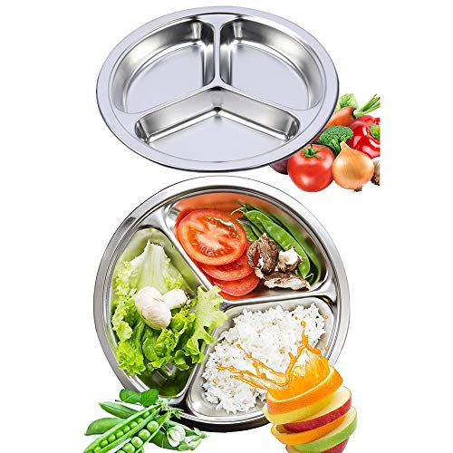 304 Stainless Steel Sectioned Dinner Plates Set of 2 Divided Plates 11 inches with 3 Compartments Mess Trays Food Plate for Adults, Campers, and for Portion Control Metal plate - size: 11 Inch (3 Sections)