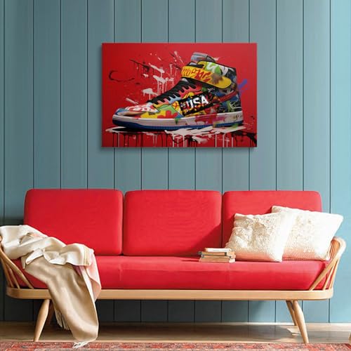 Framed Banksy Graffiti Sneaker Canvas Wall Art,Red Shoe Decorations Pop Art Wall Decor For Kids Playroom Bedroom Living Room Artworks Ready To Hang - color: sneaker03, size: 16"L x 12"W