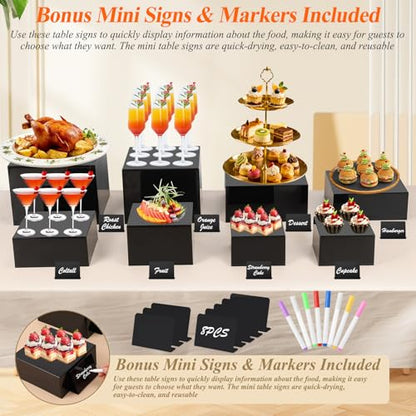 8Pcs Black Acrylic Buffet Risers with Mini Sign and Marker, Food Display Risers for Party Catering Dessert Jewelry, Acrylic Cube Nesting Boxes with Hollow Bottoms(9" 8.5" 8" 7.5" 6.8" 6" 5" 5") - color: 9" 8.5" 8" 7.5" 6.8" 6" 5" 5