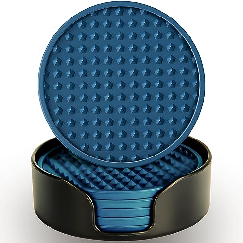 Coasters for Drinks 6 Pcs Drink Coaster with Holder,Heat Resistant Silicone Cup Mat Tabletop Protection,Non-Slip Rubber Coasters for Kinds of Cups (Blue) - color: Blue-plastic Holder
