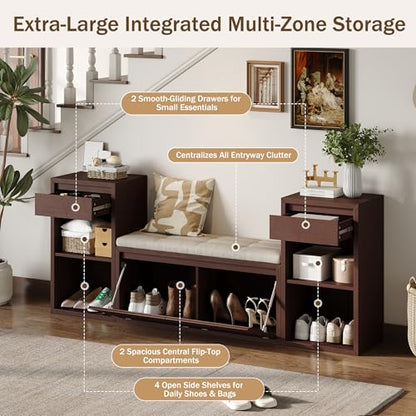 JIJIWANG 77.48" W Entryway Storage Bench with Cushion, 4-in-1 Hallway Bench with Drawers, Compartments and Open Shelves, Mudroom Bench for Shoes and Storage, Espresso - color: Espresso