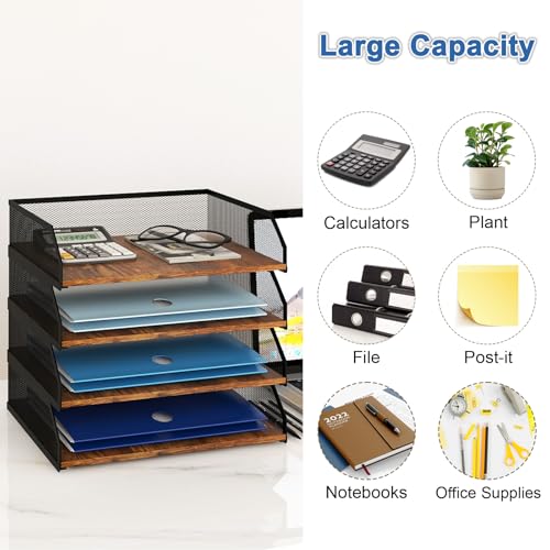 Natwind 4-Tier Stackable Metal Mesh Paper Organizer with Sliding Tray,Retro | Wooden Desk Organizer, Letter Tray For Desktop,File Holder For Home Office School Classroom Organization - size: 4 Tier