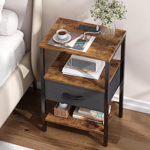 SUPERJARE Nightstand Set of 2, Bed Side Tables with Charging Station, Adjustable Fabric Drawer, Night Stand for Bedroom, 3-Tier Storage End Tables, for Living Room, Rustic Brown and Black - color: Rustic Brown and Black, size: M-2 (11.8"D x 15.7"W x 23.4"