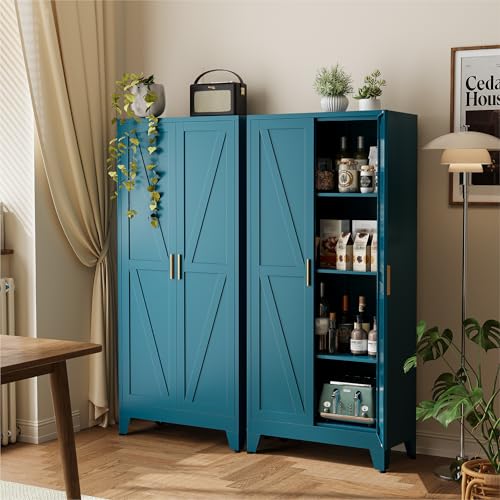 COFaR 61" Metal Pantry Cabinet in Peacock Blue, Farmhouse Storage Cabinet with Adjustable Shelves, Sturdy Freestanding Cupboard for Kitchen Organization, Bathroom & Living Room - color: Peacock Blue, size: 61"H 4 Tiers
