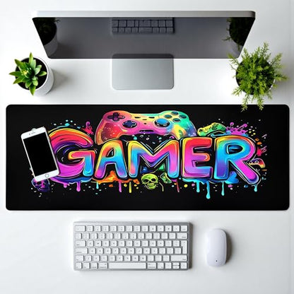 Gamer Mouse Pad Abstract Black Mouse Pad 31.5x11.8 Inch Aesthetic Skull Texture Non-Slip Rubber Base Large Mousepad Stitched Edges Keyboard Mouse Mat Desk Pad for Office and Home - color: Gamer