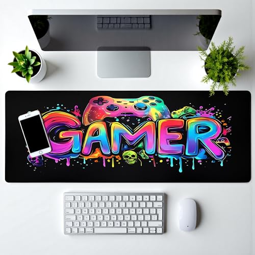 Gamer Mouse Pad Abstract Black Mouse Pad 31.5x11.8 Inch Aesthetic Skull Texture Non-Slip Rubber Base Large Mousepad Stitched Edges Keyboard Mouse Mat Desk Pad for Office and Home - color: Gamer