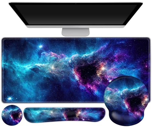 Gaming Mouse Pad, Large Desk Mat, Cute Desk Pad Protector, 4in1 XXL Mousepad + Keyboard Wrist Rest+Mouse Wrist Rest+Coaster Set with Ergonomic Desk Pad for Home Office Table Computer, Galaxy Space - color: Galaxy Space