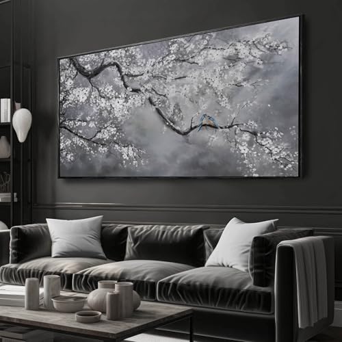 Plum Blossom Wall Art Framed Wall Art Decor Canvas Birds Wall Decorations Bedroom Picture Large Artwork for Living Room Dining Room 24”x48” - color: Grey, size: 24"x48"