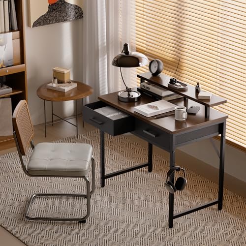 Pamray 32 Inch Small Computer Desk with Monitor Stand Home Office Desks with 2 Drawers for Bedroom Study Writing and Work Table for Small Spaces Brown - color: Brown