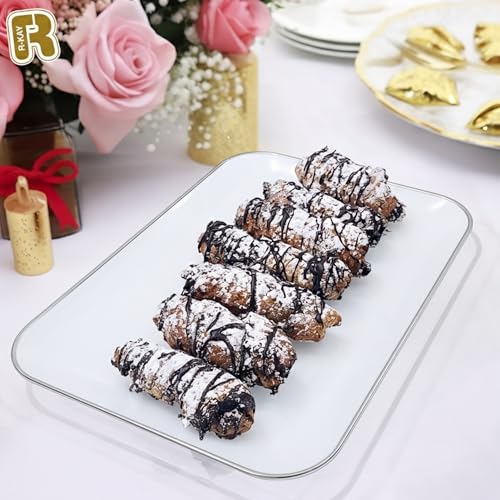 3 Pack Silver Plastic Serving Trays for Party - Silver Rim Serving Tray 8 x 11 Inch - Heavy Duty Dessert Trays for Food - Rectangular Party Serving Trays for Entertaining - color: White and Silver Rim