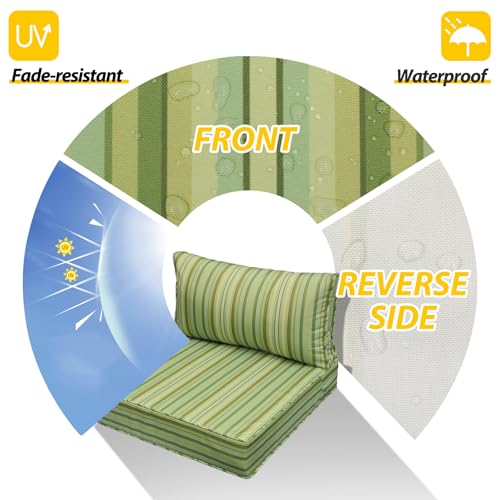 AAAAAcessories Outdoor Seat Cushions for Chairs, Fade-Resistant, Waterproof Patio Furniture Replacement Cushions, 25.5" x 25.5" x 5" + 25.5" x 13.5", Mossy Forest Stripe - color: Mossy Forest Stripe, size: 25.5"x25.5"x5" / 25.5"x13.5"