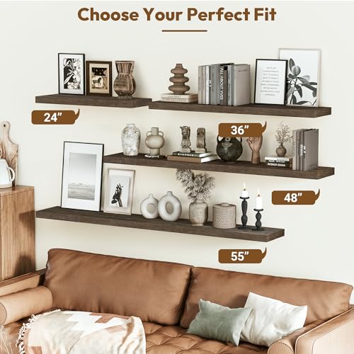 Flat Edge Elm Wood Floating Shelf with Invisible Bracket 36”American Walnut - color: American Walnut, size: 36”,set of 2