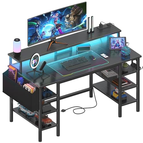 Lufeiya Gaming Desk with LED Lights and Storage Shelves, 47 inch Computer Desk with Power Outlets, Home Office Desk with Monitor Stand, Writing Table PC Desks, Black - color: Black