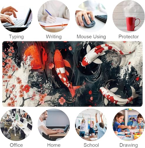Koi Fish Large Mouse Pad,Gaming Keyboard Desk Pad,Extended Mouse Mat Non-Slip Rubber Base with Stitched Edges for Office Game Home XXL 35.4"x15.7" - color: Koi Fish, size: 35.4L x 15.7W inches