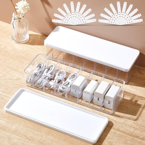 Tatuo 2 Pcs Cable Organizer Box with Wire Ties, Plastic Cord Storage Box with Lid, Electronics Organizer for Home Office Desk Organizers and Accessories (Clear,White) - color: Clear, White