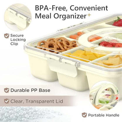 Snackle Box Container for Adults with 10 Compartment, Divided Serving Tray with Lid and Handle and 2 Sauce Containers, Portable Snack Box Container for Charcuterie Party Travel, White - color: White