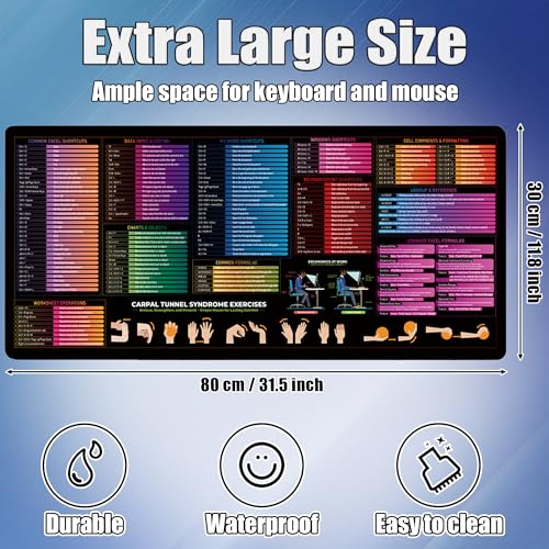 Office Shortcut XL Mouse Pad - Extended Large Excel, Word, Windows, PowerPoint Cheat Sheet - Waterproof Non-Slip Desk Keyboard Mat for Work & Gaming 31.5” x 11.8”