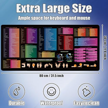 Office Shortcut XL Mouse Pad - Extended Large Excel, Word, Windows, PowerPoint Cheat Sheet - Waterproof Non-Slip Desk Keyboard Mat for Work & Gaming 31.5” x 11.8”