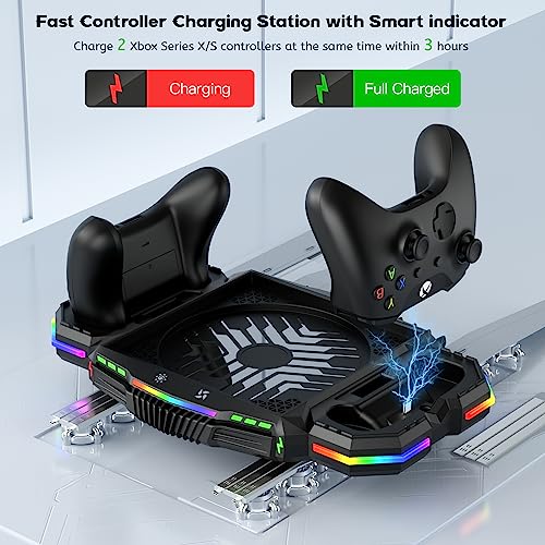 Cooling Fan with Charging Station for Xbox Series X Console and Controller - Vertical 15 RGB Modes Cooler Stand System, Low-Noise, Effectively Reduce Console Temperature and Quickly Charge Controller