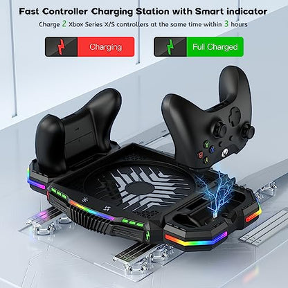 Cooling Fan with Charging Station for Xbox Series X Console and Controller - Vertical 15 RGB Modes Cooler Stand System, Low-Noise, Effectively Reduce Console Temperature and Quickly Charge Controller