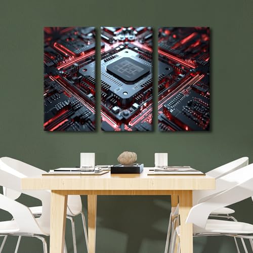 3 Panels Computer Chip Wall Art for Living Room CPU Database Concept Canvas Art Wall Decor AI Supercomputer Modern Home Decor Giclee Wooden Framed Gallery-Wrapped Ready to Hang (36"Wx24"H) - color: Artwork-03, size: 36"Wx24"H
