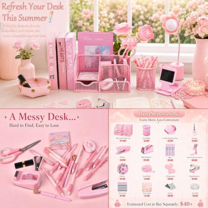 Pink Desk Accessories, 24Pcs Pink Office Supplies and Desk Organizers, with Tape Dispenser, Stapler, Staple Remover, Ect, Gift Box Packaging - color: Pink