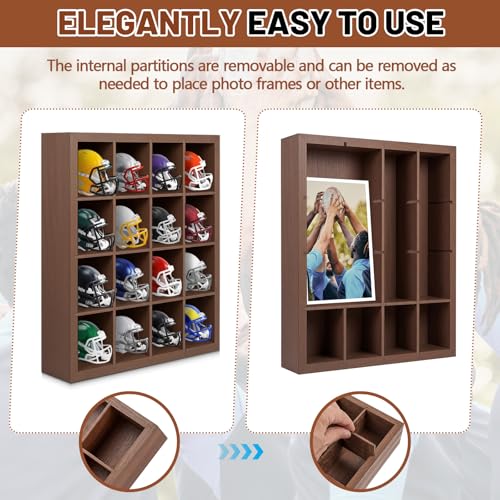Colingmill 1 Pack Mini Helmet Display Case Pocket Size Football Helmets Wooden Stand Display Cabinet Wall Racks, 11.54"x10.35"x2.4", 4x4 Grid, Black, No Door No Cover(Walnut) - color: Walnut