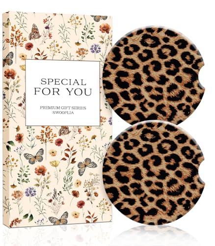 Swooflia Car Coasters for Women - Classic Brown Leopard Car Cup Coasters Absorbent Cup Holder Coasters for Car 2 Pcs Ceramic Car Cupholder Coaster with Cork Base Car Interior Accessories - color: Golden Leopard Print