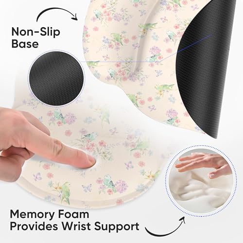 RICHEN Ergonomic Mouse Pad with Wrist Support,Non-Slip Rubber Base for Computer Laptop & Mac,Lightweight Rest for Home,Office & Travel (Pink Flowers Birds) - color: Pink Flowers Birds