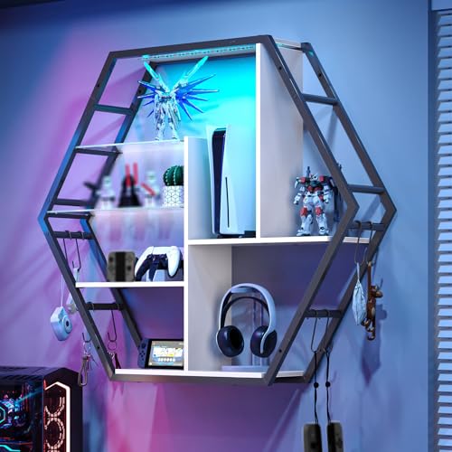 Saudism 39" Floating Shelves with Lights, Wall Shelves for Bedroom, Gaming Room Decor Display Shelf with Glass Shelves, Light up Shelf, 8 Extra Hanging Hooks Storage, Great Weight Capacity-White - color: White