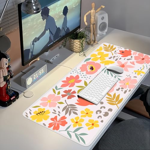 iCasso Desk Matt for Desktop, Cute Desk Pad Mat, XXL Large Mouse Pad, Anti-Slip Big Mousepad with Stitched Edges, Keyboard Pad Mouse Mat for Computer, Work, Gaming (Flowers Leaves) - color: Flowers Leaves