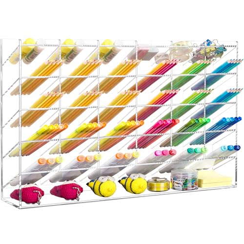 BEYGORM Acrylic Vertical Marker Organizer for 375 Markers with 31 Compartments, Clear Angled Pen & Pencil Holder, Large Desk Stationery & Art Supply Storage for Office & School (17.9x 12.4 x 4 Inch) - color: Clear, size: For 375 Markers