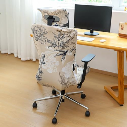 Ergonomic Office Chair Covers Set with Headrest Cover Floral 2 Pieces Stretch Desk Computer Office Chair and Headrest Slipcovers Washable - color: Elegent Flowers, size: Chair and Headrest Covers
