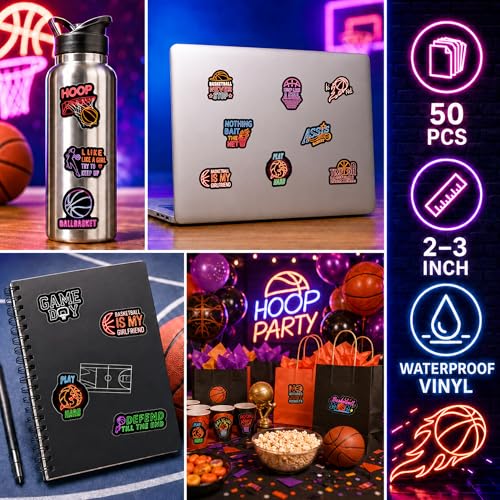 DETICKERS Neon Basketball Stickers for Basketball Fans Boys Water Bottles 50 PCS Waterproof Vinyl Sports Stickers Team Gifts - style: Neon Basketball