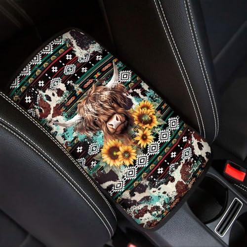 Wanyint Aztec Highland Cow Sunflower Auto Center Console Armrest Pad Theme Seat Box Cover Universal Fit Car Armrest Cover Cushion Mat for Sedan, Van, SUV - color: Aztec Highland Cow Sunflower