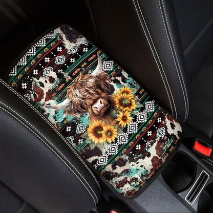 Wanyint Aztec Highland Cow Sunflower Auto Center Console Armrest Pad Theme Seat Box Cover Universal Fit Car Armrest Cover Cushion Mat for Sedan, Van, SUV - color: Aztec Highland Cow Sunflower