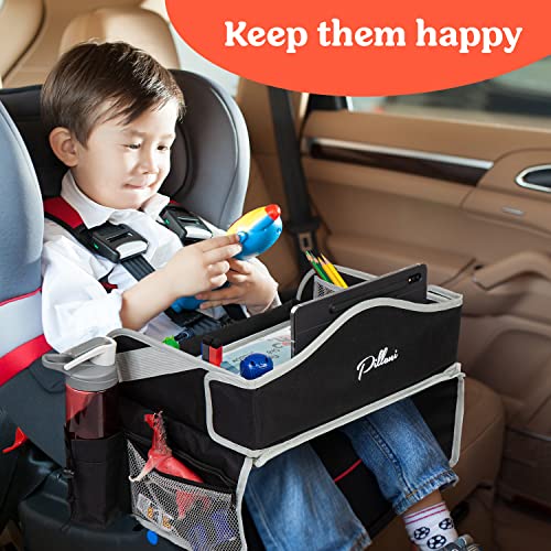 PILLANI Kids Travel Tray for Car - Carseat Tray w/iPad Holder & Dry Erase Board, Road Trip Essentials - Toddler Lap Desk Organizer for Airplane - Roadtrip Activities & Travel Essentials - Pack of 2 - color: 2-pack Black