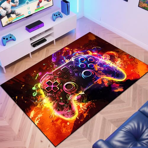 Gaming Area Rug Teen Boys Carpet, Colorful Gamepad Background Game Controller Design for Game Room, Boys Girls Bedroom Playroom, Living Room (Burning Ruins, 63" x 47") - color: Burning Ruins, size: 3'11" x 5'3" (Rectangular)