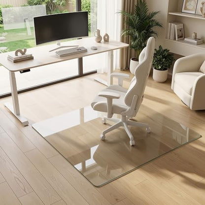 Tempered Glass Chair Mat for Hardwood Floor, 45" x 45" Heavy Duty Glass Office Chair Mat, for Low Pile Carpet, 0.2" Thick with 4 Non-Slip Pads, Smooth Rolling for Home & Office - size: 45" x 45"