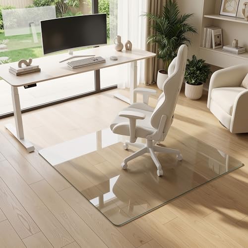 Tempered Glass Chair Mat for Hardwood Floor, 45" x 45" Heavy Duty Glass Office Chair Mat, for Low Pile Carpet, 0.2" Thick with 4 Non-Slip Pads, Smooth Rolling for Home & Office - size: 45" x 45"