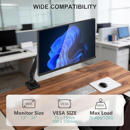 WALI Single Monitor Mount for 13-34 inch Screens, Adjustable Single Monitors Arm, Regular Screen up to 32 inch, 26.4lbs, Computer Monitor Stand for Desk, VESA 75/100mm (GSMP001N), Black - size: 13" to 34"