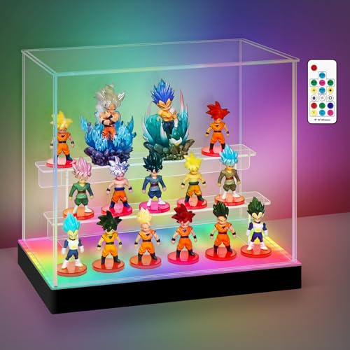 Acrylic Display Case with RGBW LED Light, 3 Tier Clear Display Box, Dustproof Display Cabinet Shelf for Action Figures and Collectibles, Mini Toys, Assembly Showcase (11.81x6.3x10.63in) - size: 3 Tier 11.81x6.3x10.63in