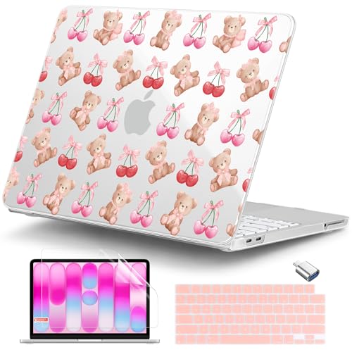 DONGKE Compatible with MacBook Neo 13 Inch Case 2026 A3404 A18 Pro chip & Touch ID, Plastic Hard Shell with Keyboard Cover, Screen Protector & Dust Plugs, Bear & Cherry - color: Bear & Cherry