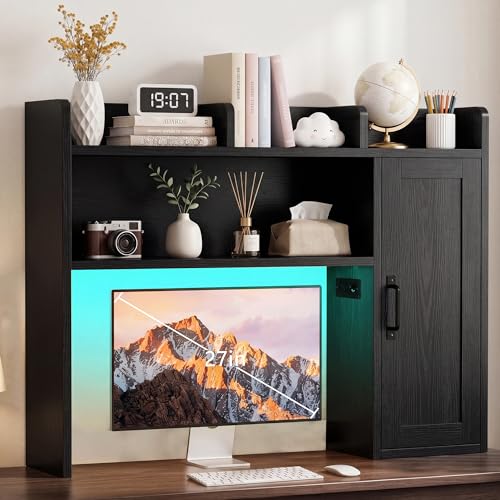 Desktop Storage Shelf, 37.4" Computer Desk Organizer 3-Tier Wood Desktop Storage Shelf Desk Hutch Dorm with RGB LED Light & Power Outlets for PC Gamers, Office, College Dorm Must Haves-Black - color: Black, size: 37.4"W with LED Light